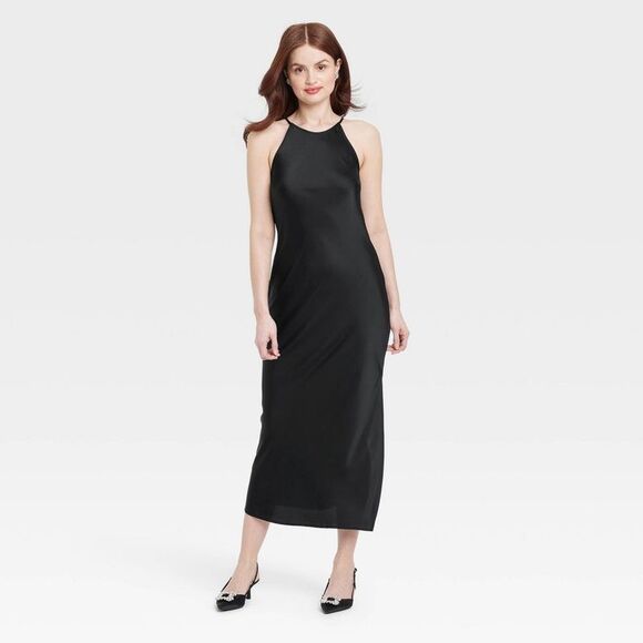 A New Day - Women's Satin Halter Maxi Slip Dress - A New Day B Black - Picture 1 of 3